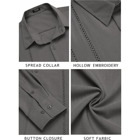 ❤️Mens Grey Cuban Shirt Casual Button Down Shirts Long Sleeve Beach Shirts - Picture 4 of 5